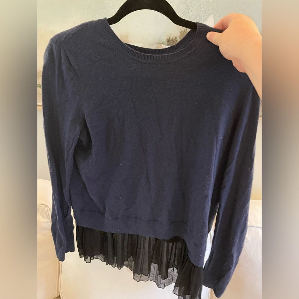 Chelsea28 Navy Blue Sweater with Black Pleated Flyaway Size Medium